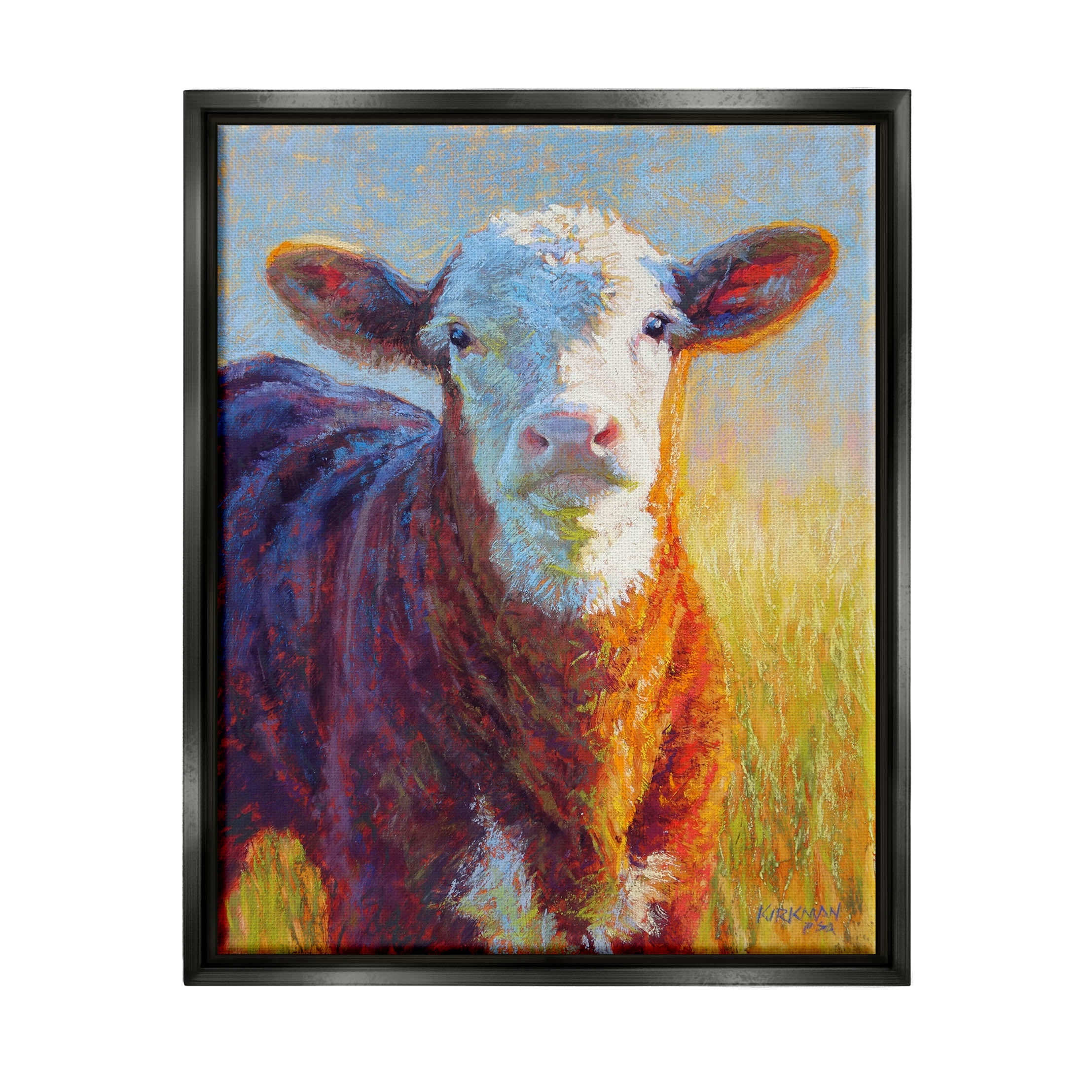 Happy Cow Farmhouse Grassland Animals & Insects Painting Jet Black Framed Art Print Wall Art