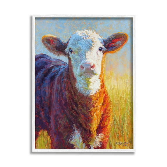 Happy Cow Farmhouse Grassland Animals & Insects Painting White Framed Art Print Wall Art