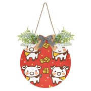 Happy Cows on Red Front Door Porch Decoration Hanging Sign with Artificial Green Plants and Bow for Home Outdoor Indoor