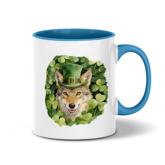 Happy Coyote Welcome St Patrick's Day Lucky Shamrocks Clover 11oz Accent Two-tone Mug Wild Wolf Lover Coffee Tea Cup - 22001