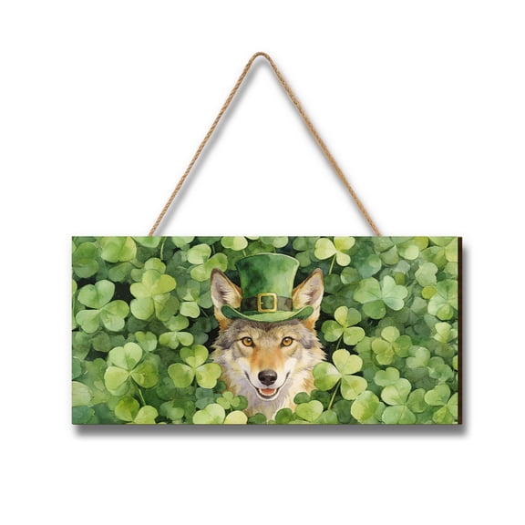 Happy Coyote Welcome St Patrick's Day Lucky Shamrocks Clover Landscape Wood Sign Wild Wolf Lover Hanging Wall Home Decor - 22001