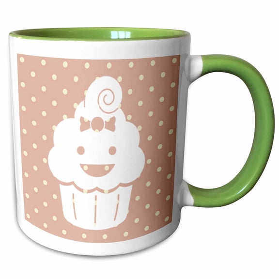 3drose, Happy Cupcake with Polka Dots - Cute and Adorable - Kawaii, 11oz Two-tone Green Mug