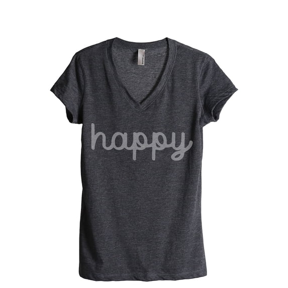 Happy Cursive Women's Fashion Relaxed V-Neck T-Shirt Tee Charcoal Grey Small