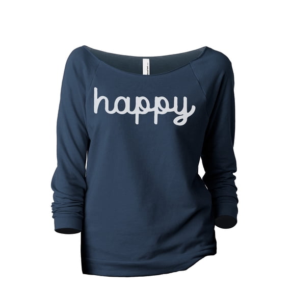 Happy Cursive Women's Fashion Slouchy 3/4 Sleeves Raglan Lightweight Sweatshirt Navy Large