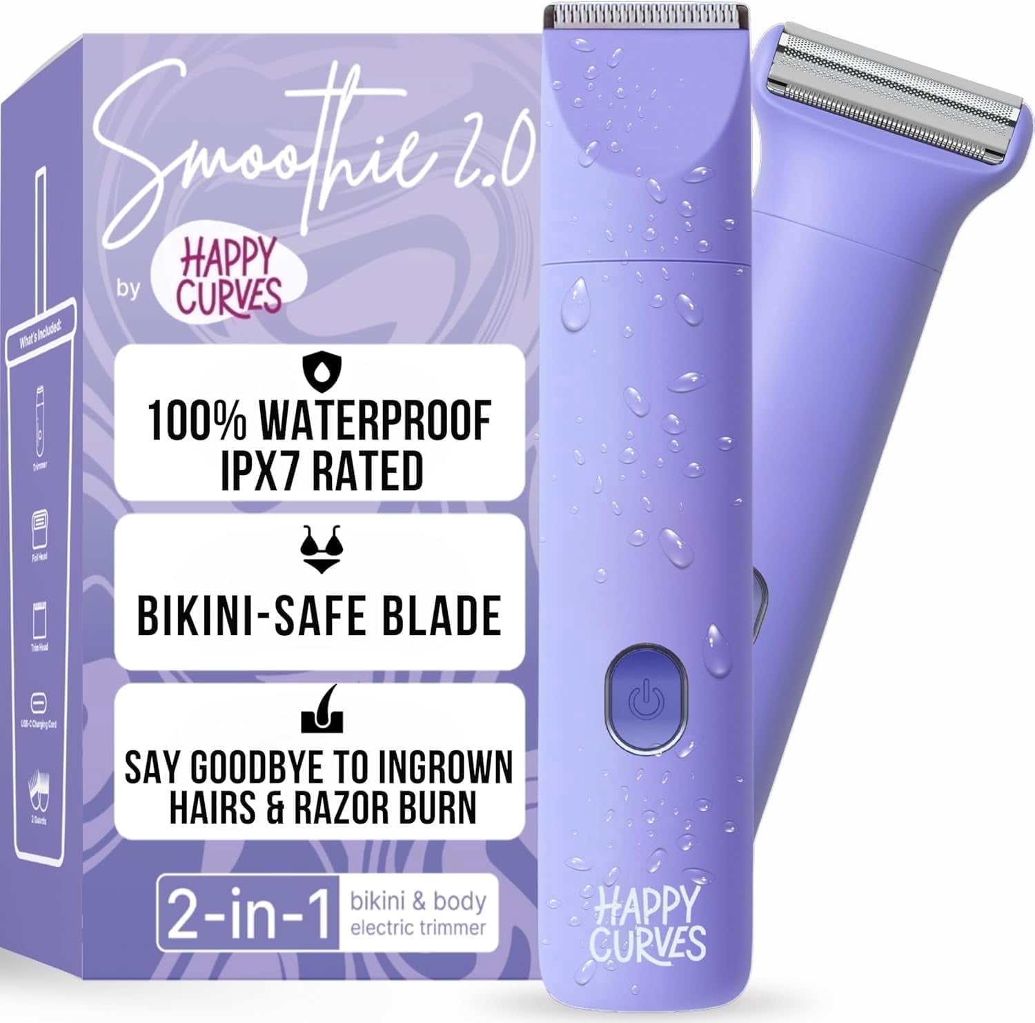 Happy Curves Smoothie 2.0 Bikini Trimmer, Women's Electric Intimate Shaver and Body Trimmer, Waterproof, Adjustable Guards, Berry