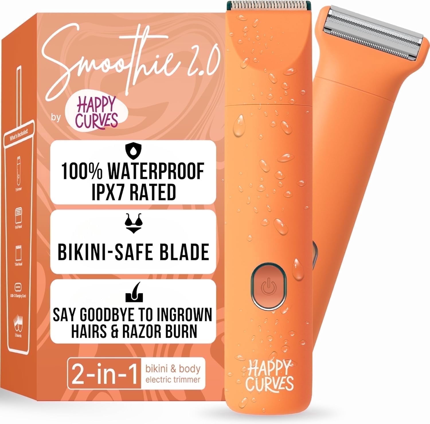 Happy Curves Smoothie 2.0 Bikini Trimmer, Women's Electric Intimate Shaver and Body Trimmer, Waterproof, Adjustable Guards, Mango