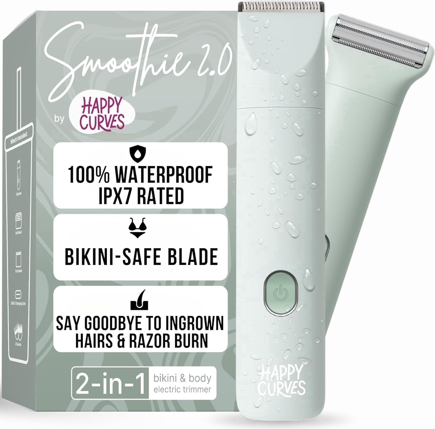 Happy Curves Smoothie 2.0 Bikini Trimmer, Women's Electric Intimate Shaver and Body Trimmer, Waterproof, Adjustable Guards, Mint