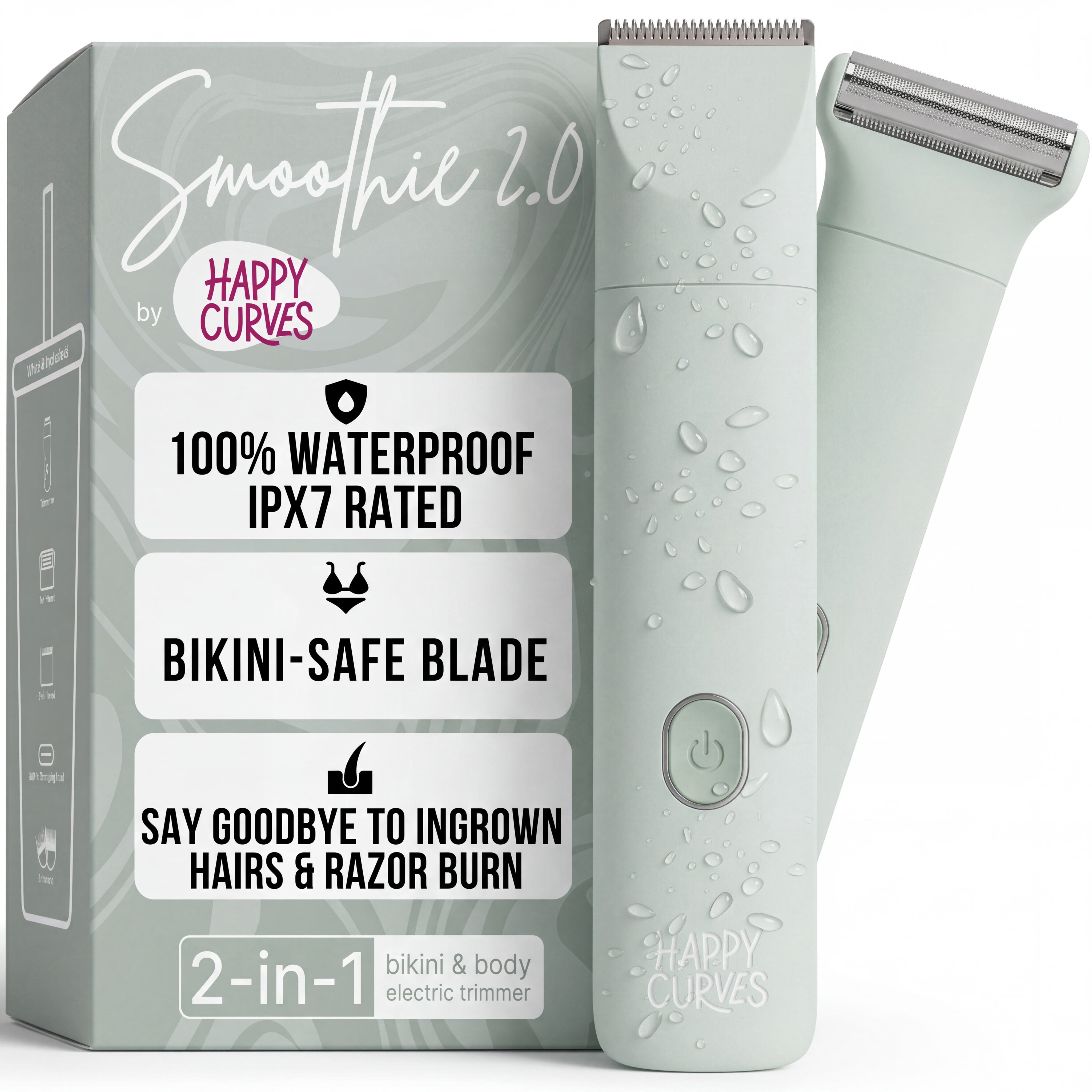 Happy Curves Smoothie 2.0 Bikini Trimmer, Women's Electric Intimate Shaver and Body Trimmer, Waterproof, Adjustable Guards, Mint
