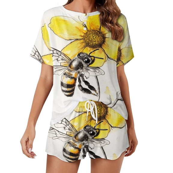 Happy Cute Bees 2 Pack Women’s Pajama Set Print Sleepwear And Shorts Y2k Loungewear Sets S-5XL