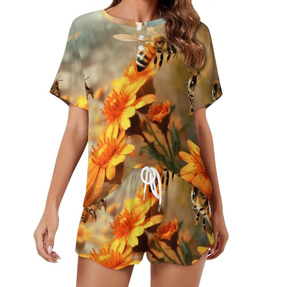 Happy Cute Bees 2 Pack Women’s Pajama Set Print Sleepwear And Shorts Y2k Loungewear Sets S-5XL