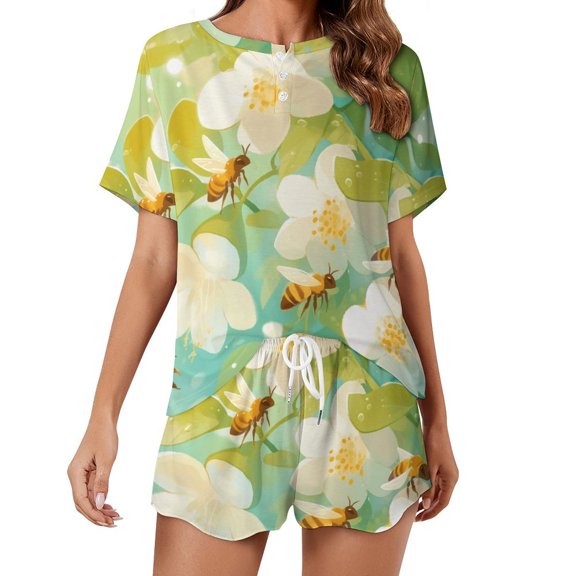 Happy Cute Bees 2 Pack Women’s Pajama Set Print Sleepwear And Shorts Y2k Loungewear Sets S-5XL