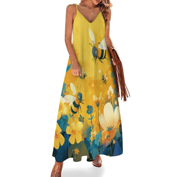 Happy Cute Bees Design Sleeveless Dress Woman Fashion Long Dresses Women's Summer Suit Dress 2025