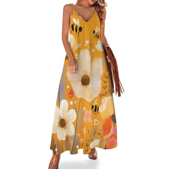 Happy Cute Bees Design Sleeveless Dress Woman Fashion Long Dresses Women's Summer Suit Dress 2025