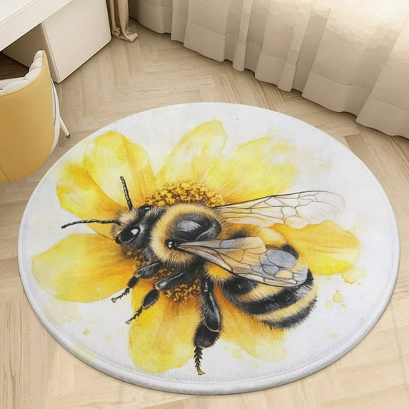 Happy Cute Bees Floral Medallion Round Rug - Small Round Area Rug, Soft Non-Slip Machine Washable Bedroom Mat Indoor Accent Entry Carpet for Office Desk Dorm Hallway