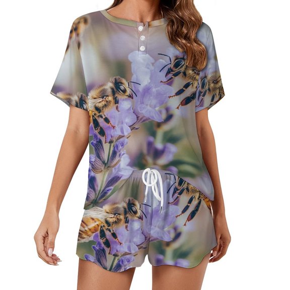 Happy Cute Bees Pajama Set for Women 2 Piece Sleepwear Loungewear Short Sleeve