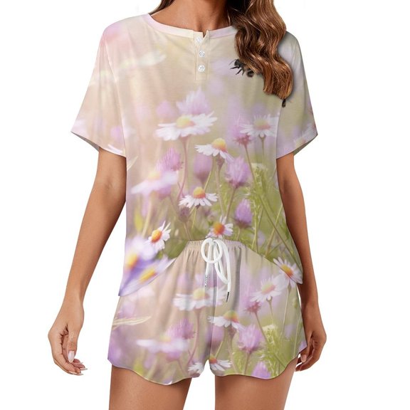 Happy Cute Bees Pajama Set for Women 2 Piece Sleepwear Loungewear Short Sleeve