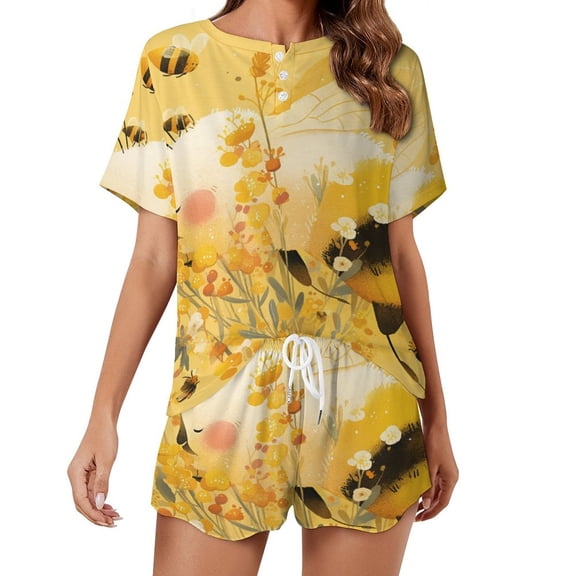 Happy Cute Bees Pajama Set for Women 2 Piece Sleepwear Loungewear Short Sleeve