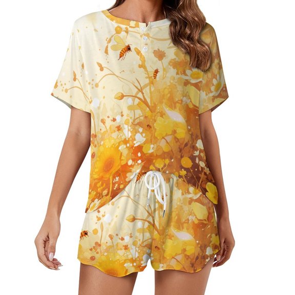 Happy Cute Bees Pajama Set for Women 2 Piece Sleepwear Loungewear Short Sleeve