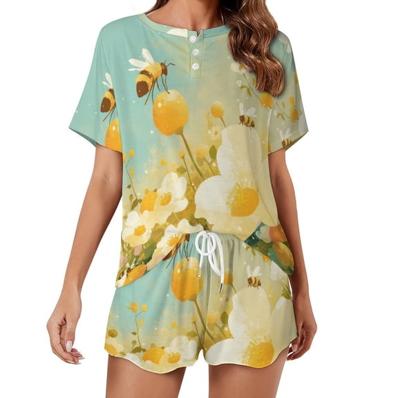 Happy Cute Bees Pajamas Set Womens Loungewear Sleepwear 2 Piece PJ Sets