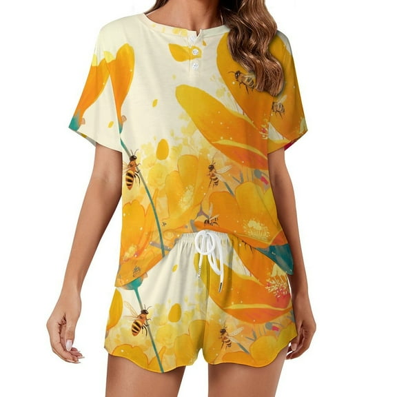 Happy Cute Bees Pajamas Set Womens Loungewear Sleepwear 2 Piece PJ Sets