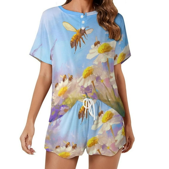 Happy Cute Bees Pajamas Set Womens Loungewear Sleepwear 2 Piece PJ Sets
