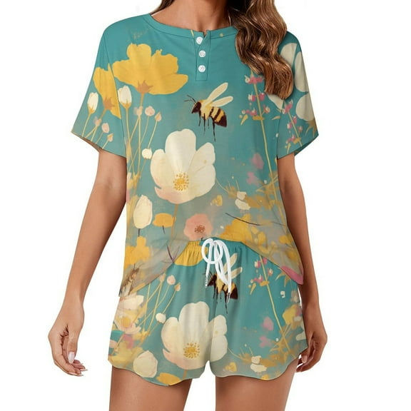 Happy Cute Bees Print Women'S Pajamas Set Summer Sleepwear Sets 2 Piece Lounge Set
