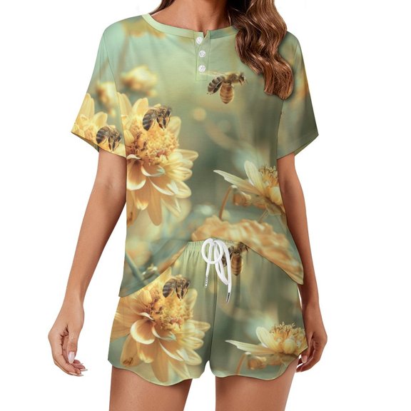 Happy Cute Bees Print Women'S Pajamas Set Summer Sleepwear Sets 2 Piece Lounge Set