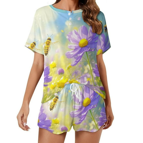 Happy Cute Bees Print Women'S Pajamas Set Summer Sleepwear Sets 2 Piece Lounge Set