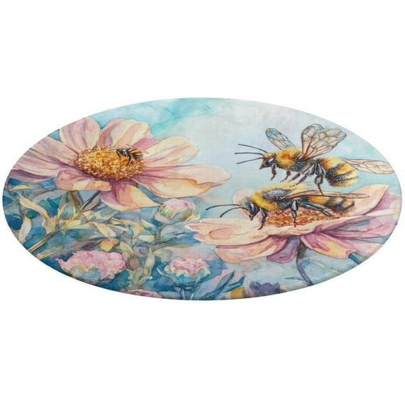 Happy Cute Bees Soft Bedroom Round Area Rug, Washable Cute Nursery Circle Throw Mat, Non-Slip Contemporary Small Low Pile Floor Carpet for Dorm Bedside