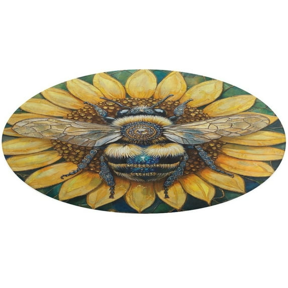 Happy Cute Bees Soft Bedroom Round Area Rug, Washable Cute Nursery Circle Throw Mat, Non-Slip Contemporary Small Low Pile Floor Carpet for Dorm Bedside