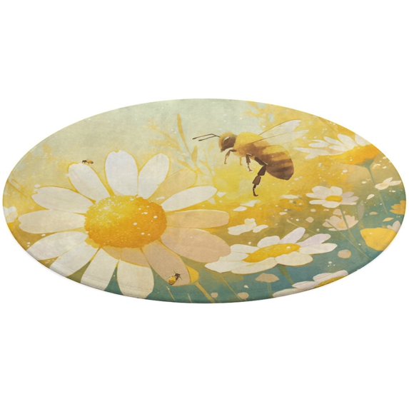 Happy Cute Bees Soft Bedroom Round Area Rug, Washable Cute Nursery Circle Throw Mat, Non-Slip Contemporary Small Low Pile Floor Carpet for Dorm Bedside