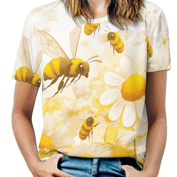 Happy Cute Bees T Shirts Basic T-Shirt Short Sleeve Ladies Tee Shirt Summer Graphic Clothing