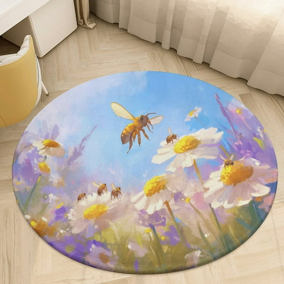 Happy Cute Bees Washable Round Rug -Circle Area Rugs for Nursery Bedroom, Vintage Non Slip Non Shedding Low Pile Carpet for Living Room Coffee Table Entryway
