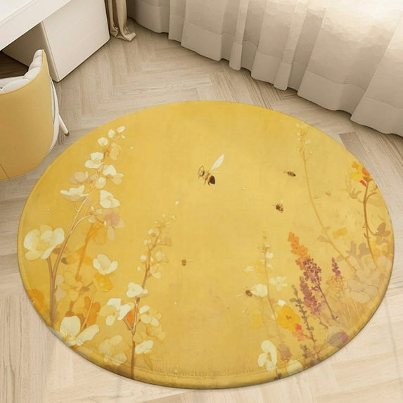 Happy Cute Bees Washable Round Rug -Circle Area Rugs for Nursery Bedroom, Vintage Non Slip Non Shedding Low Pile Carpet for Living Room Coffee Table Entryway