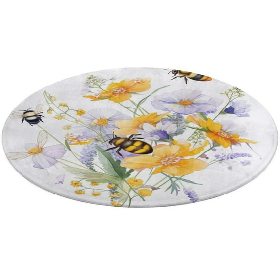 Happy Cute Bees Washable Round Rug -Circle Area Rugs for Nursery Bedroom, Vintage Non Slip Non Shedding Low Pile Carpet for Living Room Coffee Table Entryway