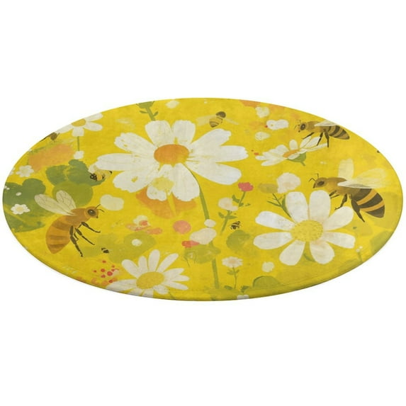 Happy Cute Bees Washable Round Rug -Circle Area Rugs for Nursery Bedroom, Vintage Non Slip Non Shedding Low Pile Carpet for Living Room Coffee Table Entryway
