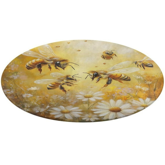 Happy Cute Bees Washable Round Rug -Circle Area Rugs for Nursery Bedroom, Vintage Non Slip Non Shedding Low Pile Carpet for Living Room Coffee Table Entryway