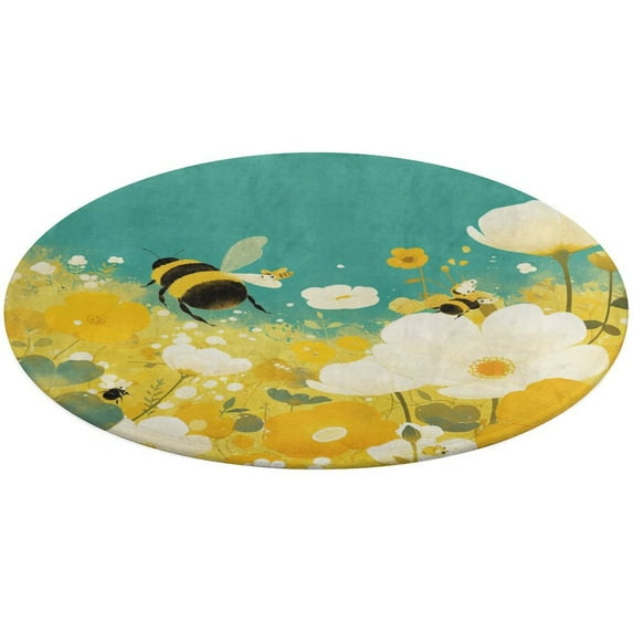 Happy Cute Bees Washable Round Rug -Circle Area Rugs for Nursery Bedroom, Vintage Non Slip Non Shedding Low Pile Carpet for Living Room Coffee Table Entryway