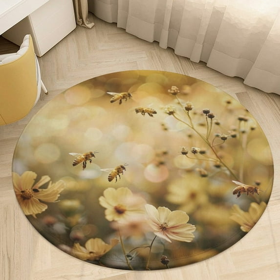 Happy Cute Bees Washable Round Rug -Circle Area Rugs for Nursery Bedroom, Vintage Non Slip Non Shedding Low Pile Carpet for Living Room Coffee Table Entryway