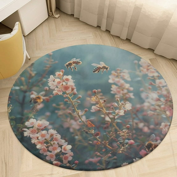 Happy Cute Bees Washable Round Rug -Circle Area Rugs for Nursery Bedroom, Vintage Non Slip Non Shedding Low Pile Carpet for Living Room Coffee Table Entryway