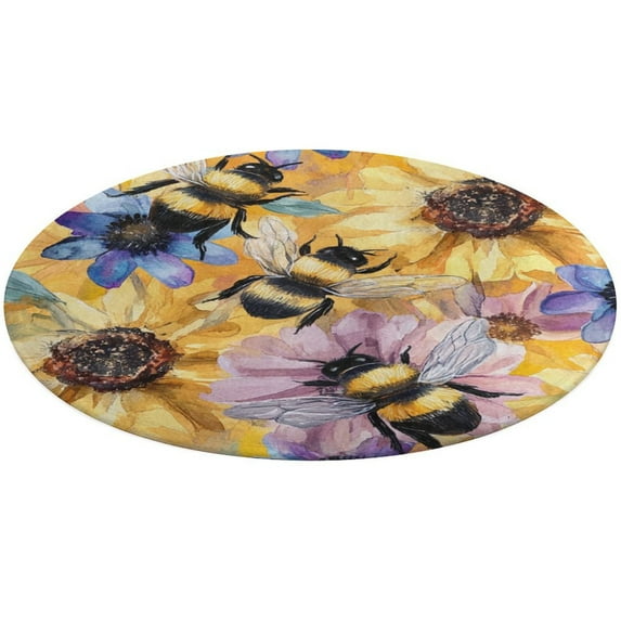 Happy Cute Bees Washable Round Rug -Circle Area Rugs for Nursery Bedroom, Vintage Non Slip Non Shedding Low Pile Carpet for Living Room Coffee Table Entryway