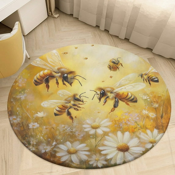 Happy Cute Bees Washable Round Rug -Circle Area Rugs for Nursery Bedroom, Vintage Non Slip Non Shedding Low Pile Carpet for Living Room Coffee Table Entryway