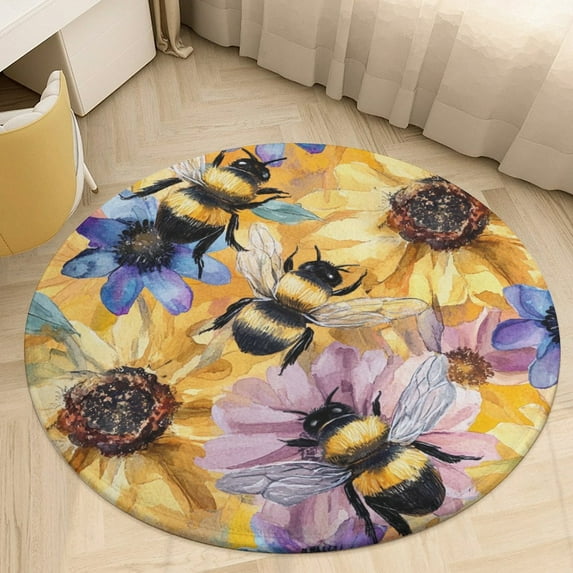 Happy Cute Bees Washable Round Rug -Circle Area Rugs for Nursery Bedroom, Vintage Non Slip Non Shedding Low Pile Carpet for Living Room Coffee Table Entryway