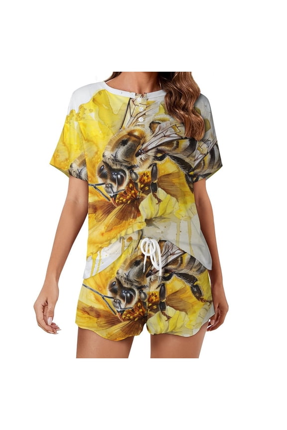 Happy Cute Bees Women's Ruffle Short Sleeve Tops And Shorts Cute Peeps Bunny Pajamas Sets