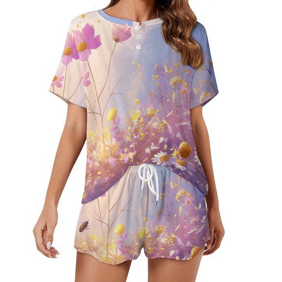 Happy Cute Bees Women's Ruffle Short Sleeve Tops And Shorts Cute Peeps Bunny Pajamas Sets