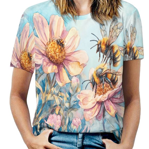 Happy Cute Bees Women's Short Sleeve T-Shirt Crew Neck Casual Summer Trendy Loose Fit Tops