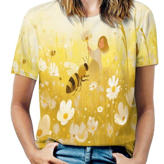 Happy Cute Bees Women's Short Sleeve T-Shirt Crew Neck Casual Summer Trendy Loose Fit Tops