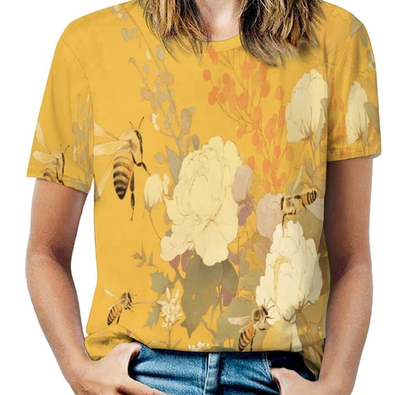 Happy Cute Bees Women's Short Sleeve T-Shirt Crew Neck Casual Summer Trendy Loose Fit Tops