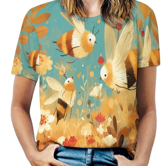 Happy Cute Bees Women's T-Shirt Short Sleeve T Shirts Tops Tee Ladies Loose T