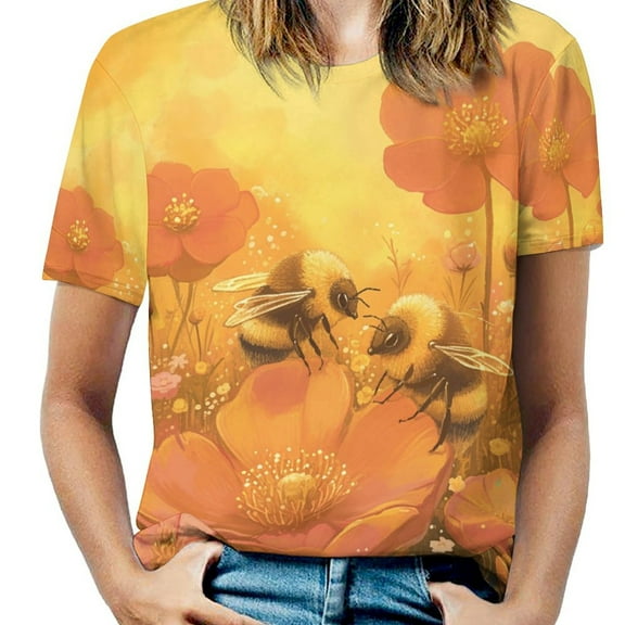Happy Cute Bees Womens Tops Women's Fashion Casual Short Sleeve Flower Print Round Neck Pullover Top Blouse